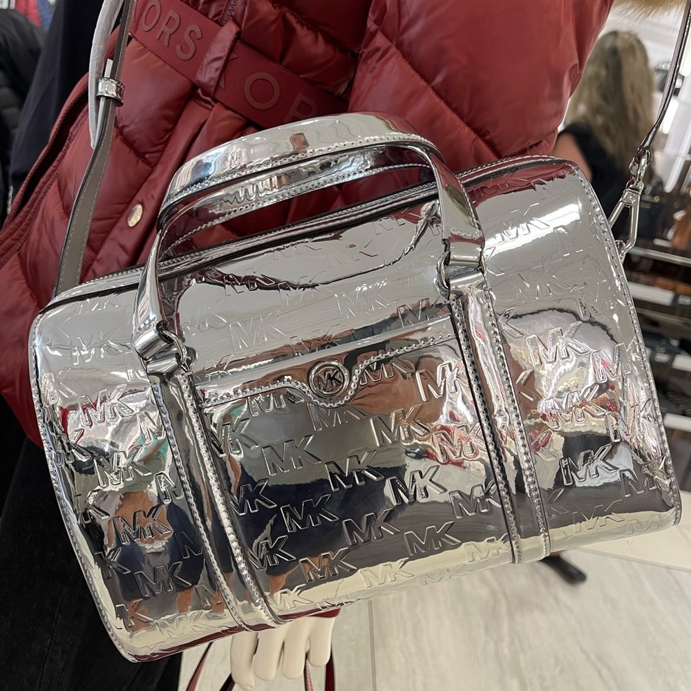 MICHAEL KORS Jet Set Medium Patent Logo Debossed Duffel Crossbody Bag
Silver - Picture 12 of 16